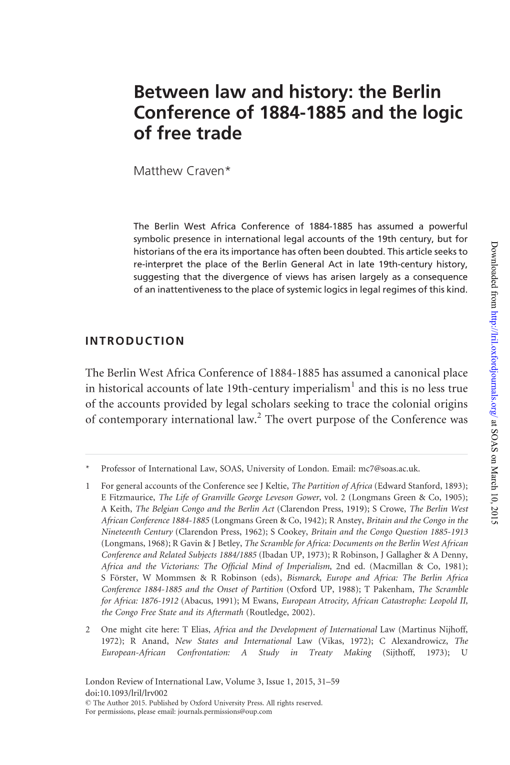 Between Law and History: the Berlin Conference of 1884-1885 and the Logic of Free Trade