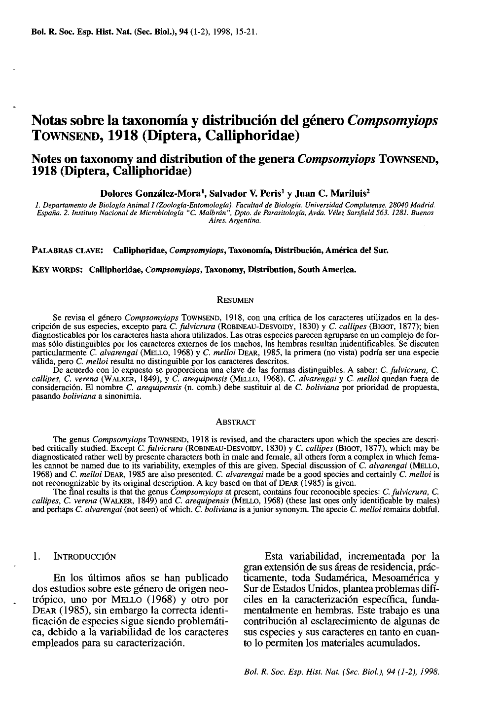 Notas Sobre La Taxonomía Y Distribución Del Género Compsomyiops TOWNSEND, 1918 (Diptera, Calliphoridae)