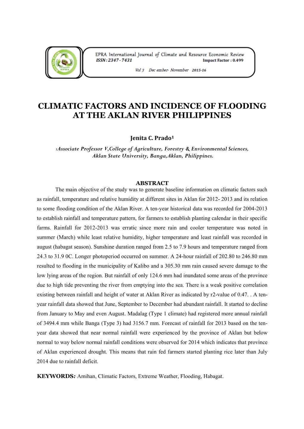 Climatic Factors and Incidence of Flooding at the Aklan River Philippines