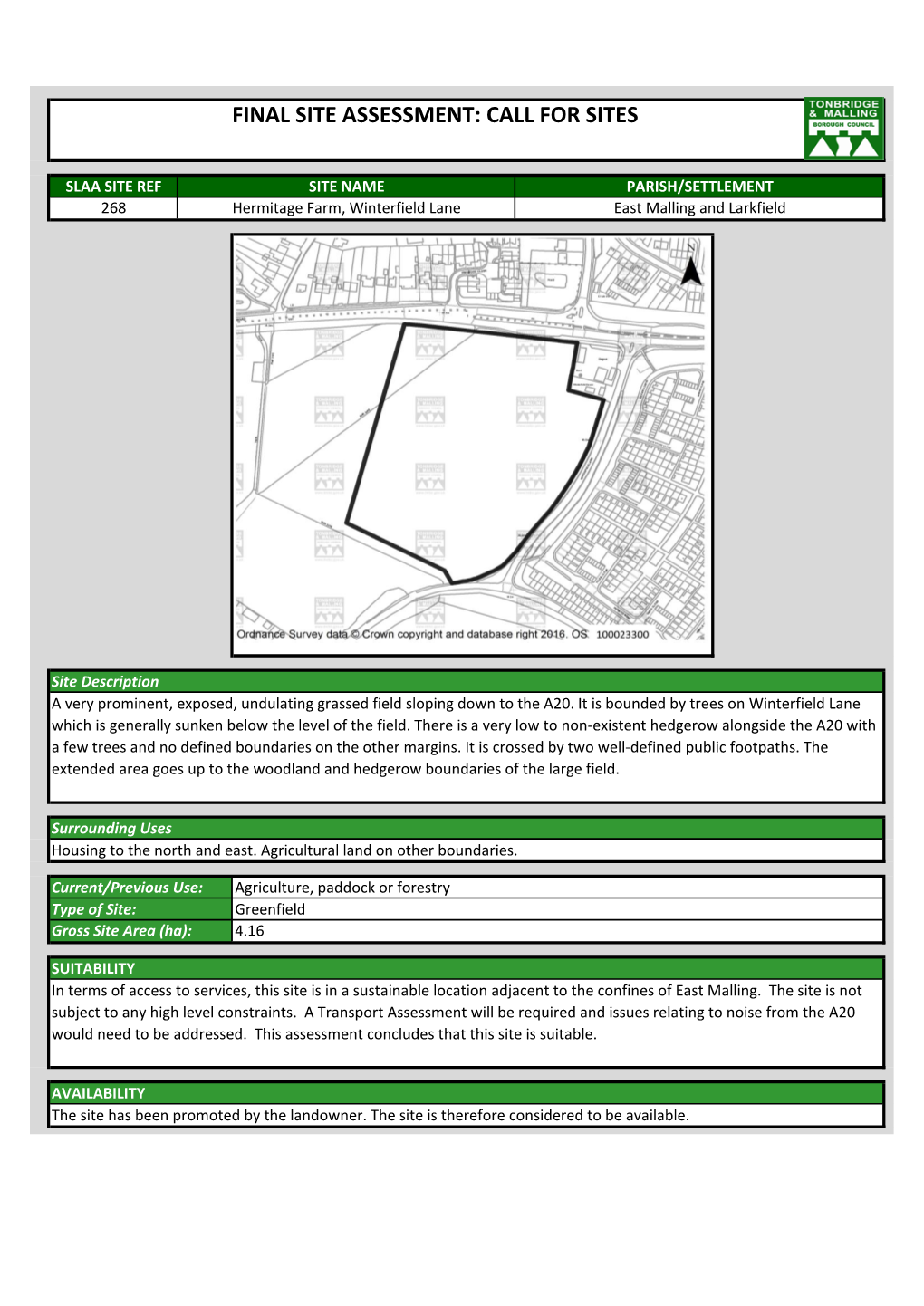 Final Site Assessment: Call for Sites