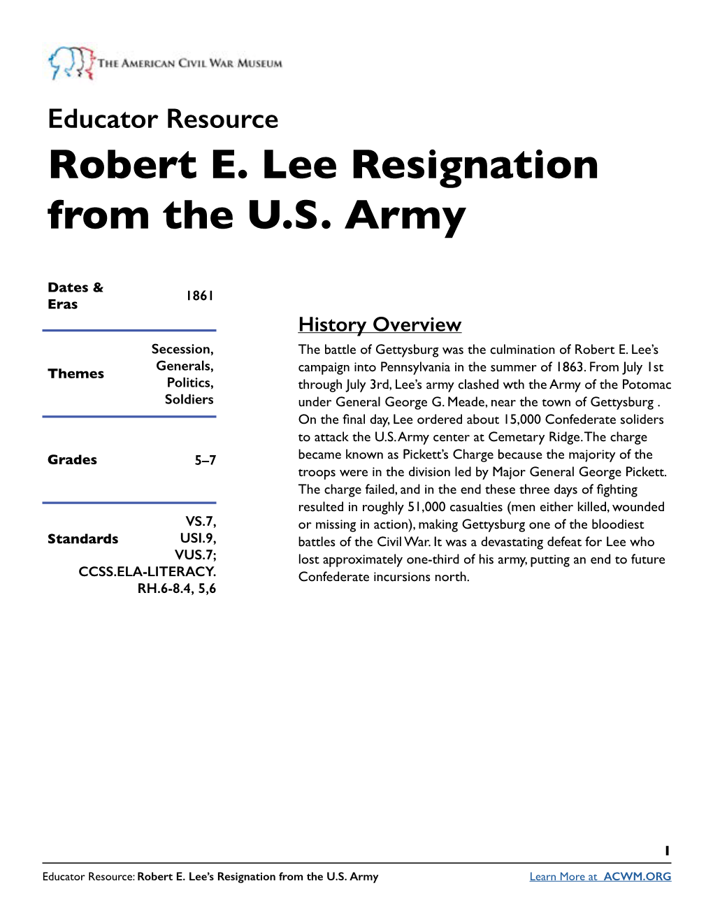 Robert E. Lee Resignation from the U.S. Army