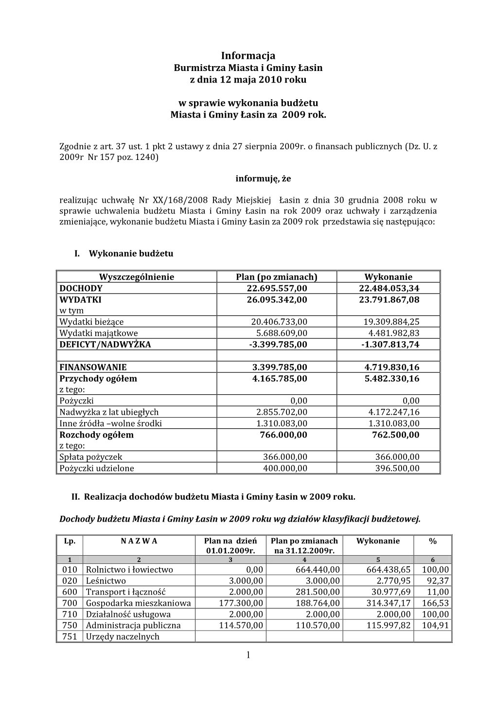 Informacja Burmistrza Miasta I Gminy Łasin Z Dnia 12 Maja 2010 Roku