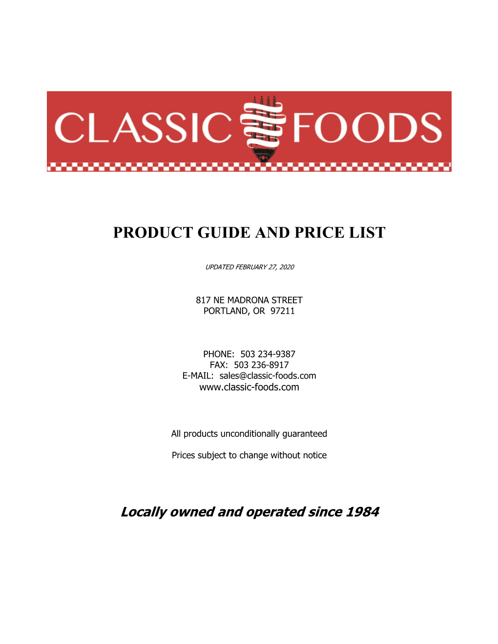 Product Guide and Price List