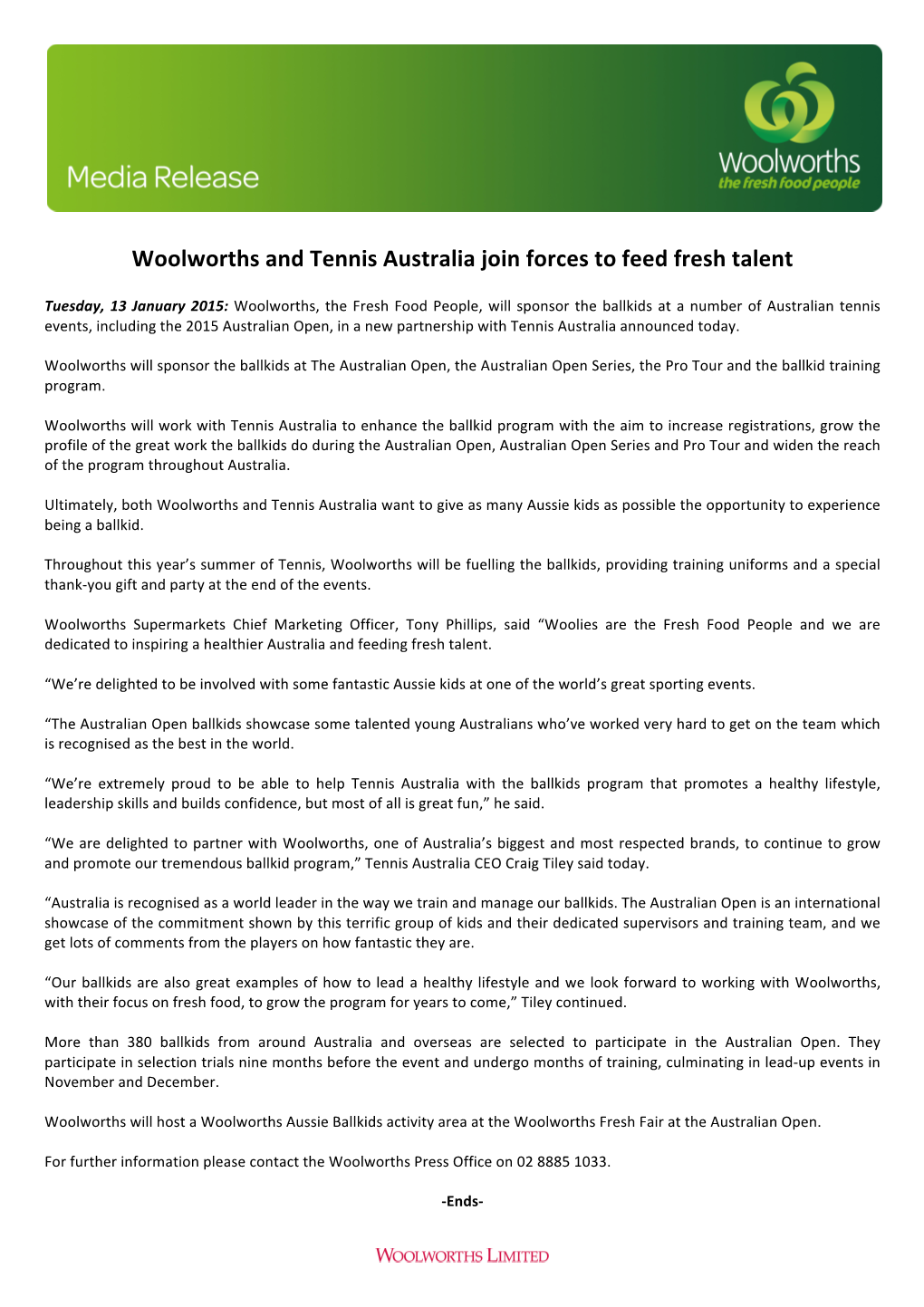 Woolworths and Tennis Australia Join Forces to Feed Fresh Talent