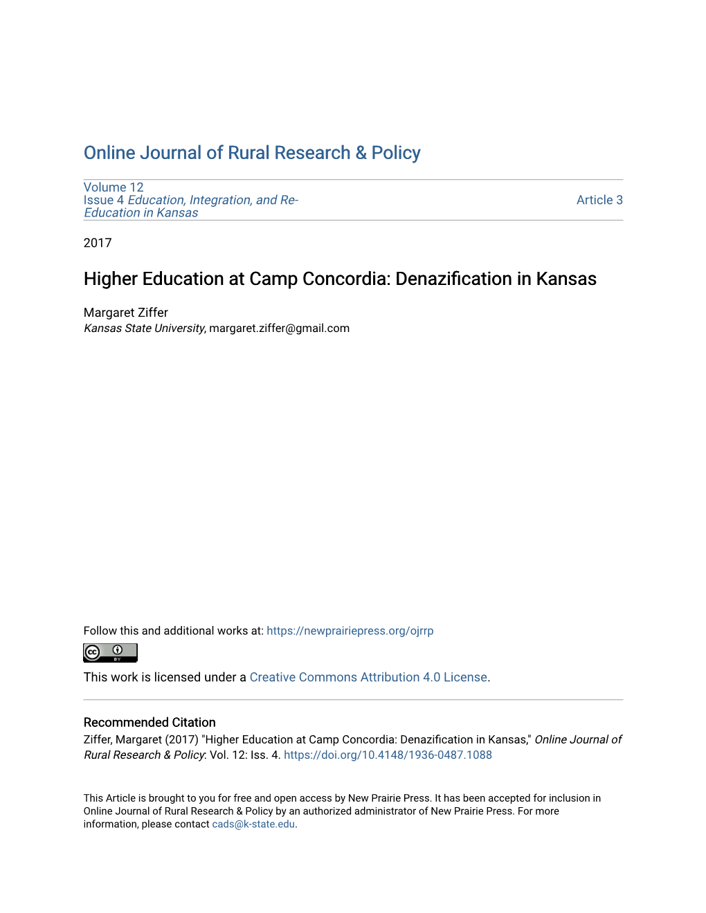 Higher Education at Camp Concordia: Denazification in Kansas
