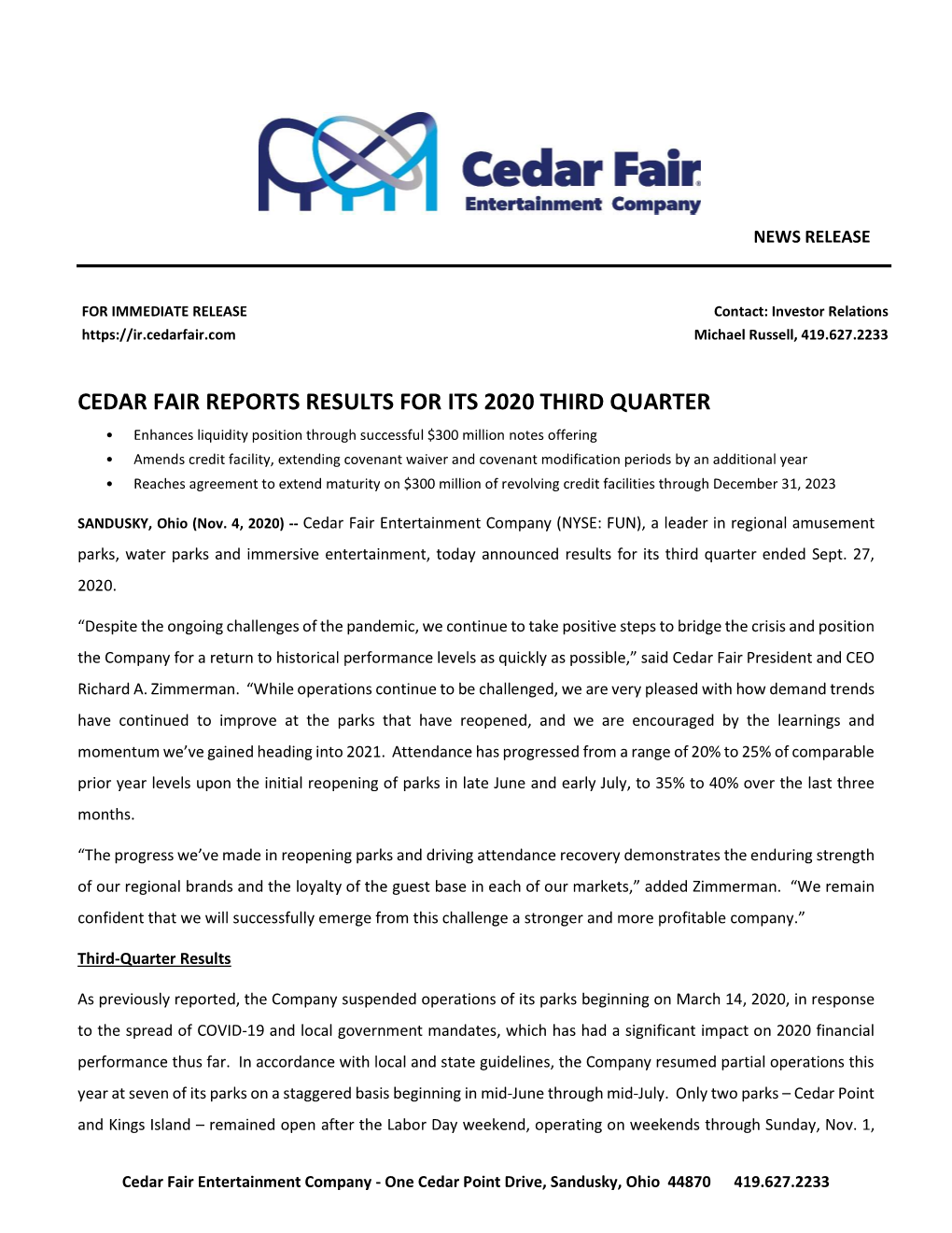 Cedar Fair Reports Results for Its 2020 Third Quarter