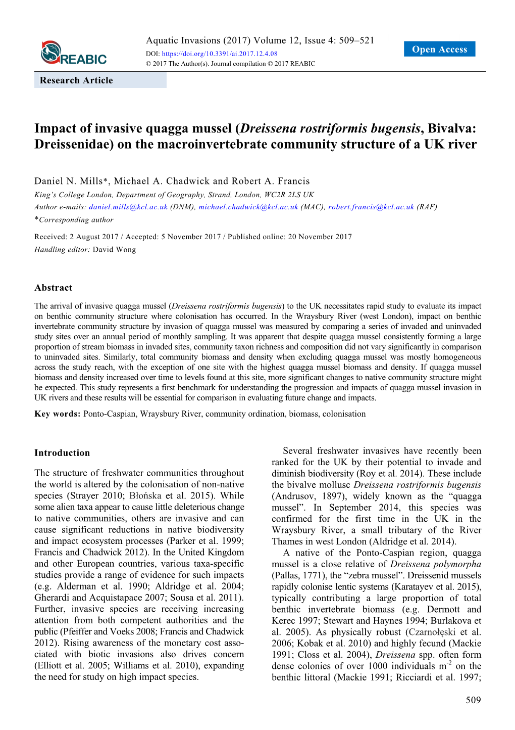 Impact of Invasive Quagga Mussel (Dreissena Rostriformis Bugensis, Bivalva: Dreissenidae) on the Macroinvertebrate Community Structure of a UK River