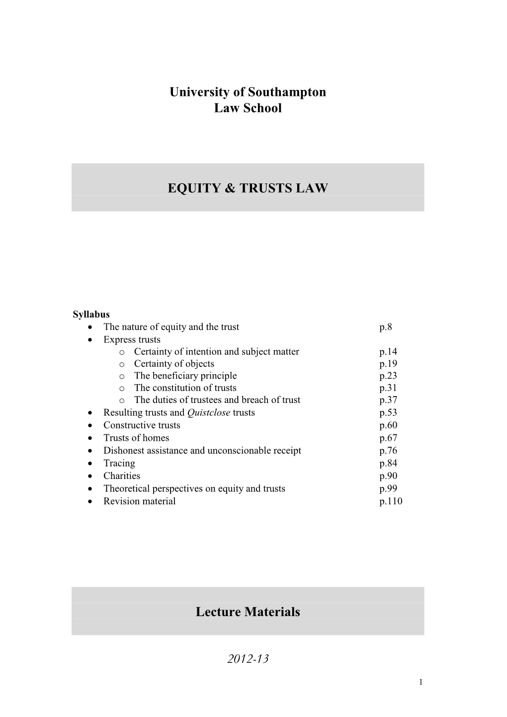 University of Southampton Law School EQUITY & TRUSTS LAW