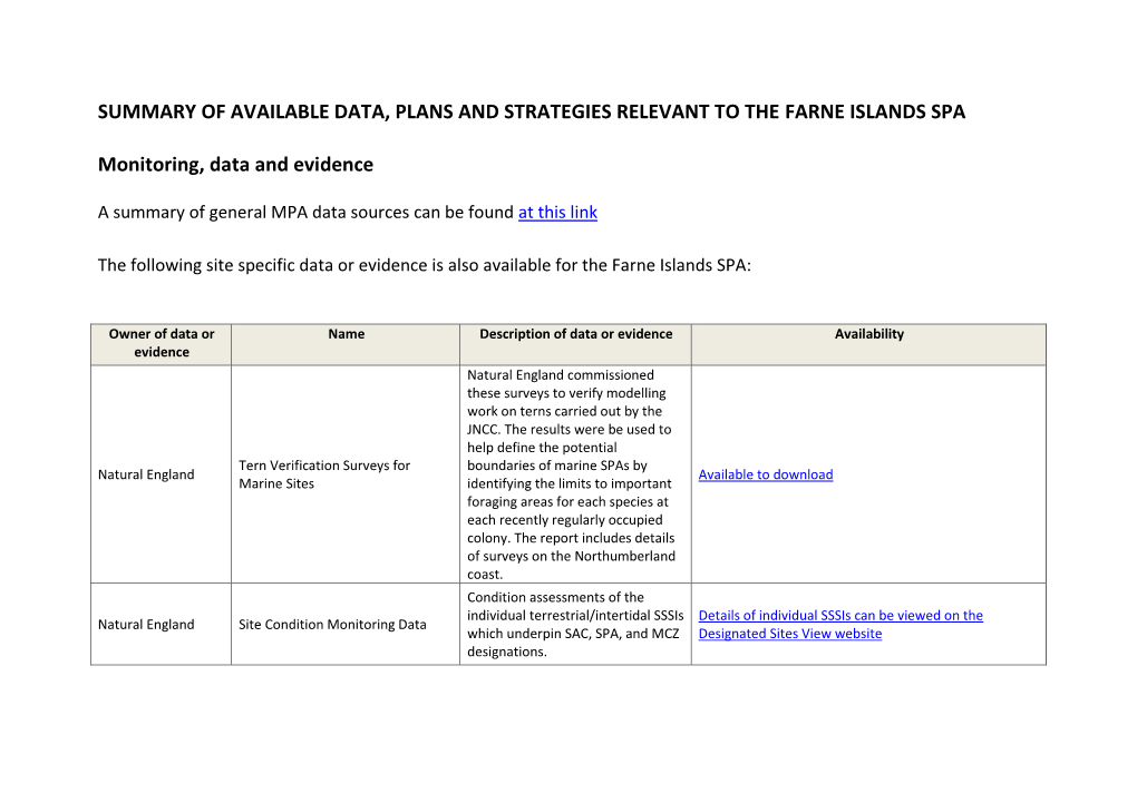 Summary of Available Data, Plans and Strategies Relevant to the Farne Islands Spa