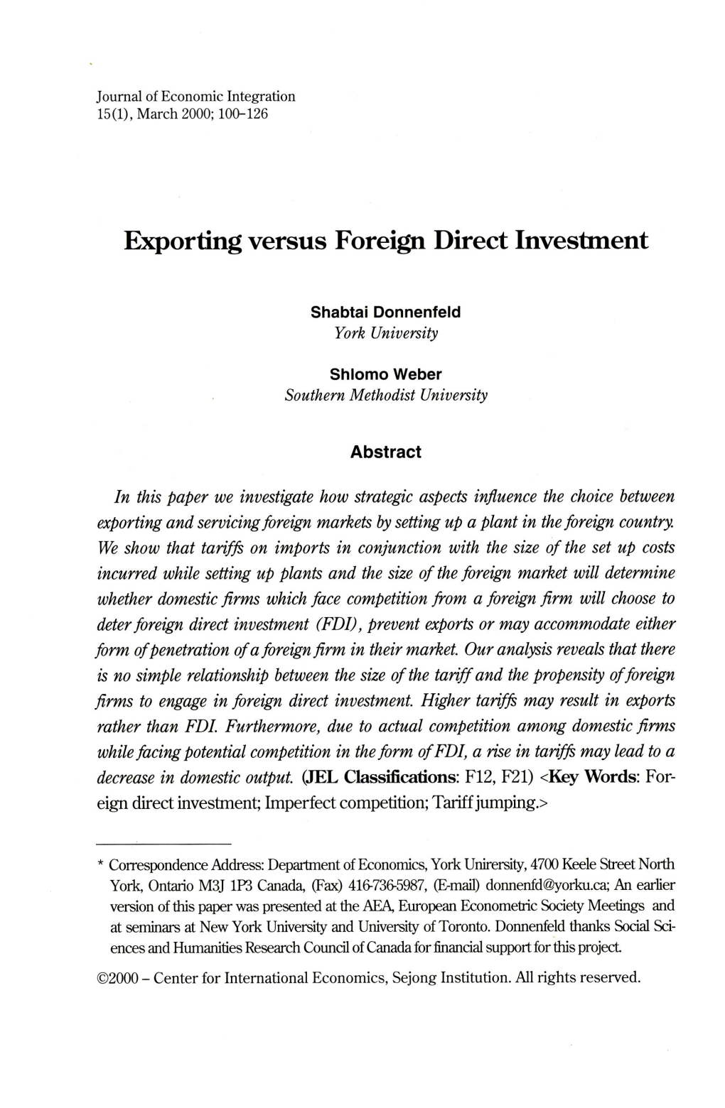 Exporting Versus Foreign Direct Investment