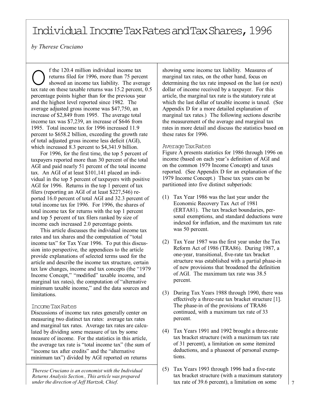 Individual Income Tax Rates and Tax Shares, 1996 by Therese Cruciano