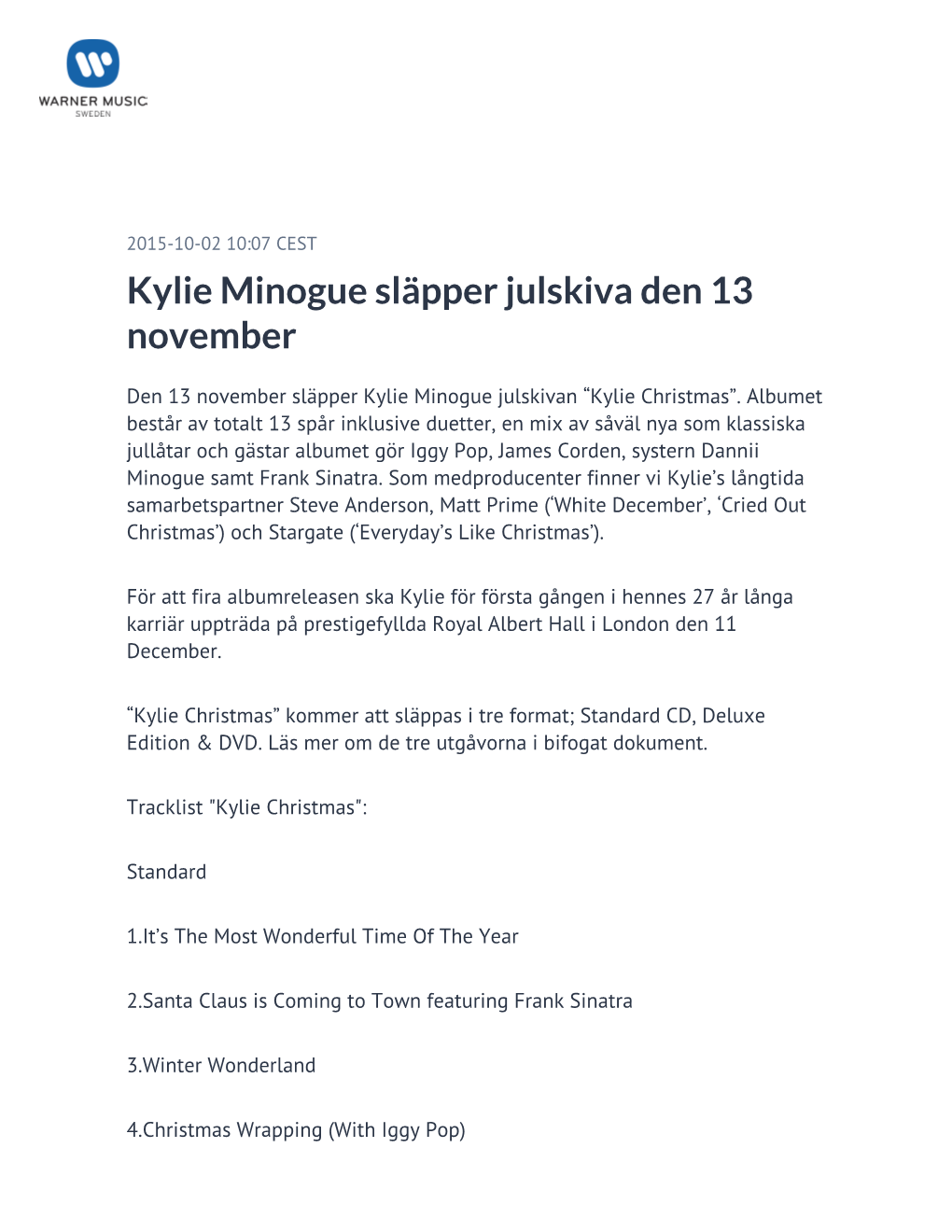Kylie Minogue Släpper Julskiva Den 13 November