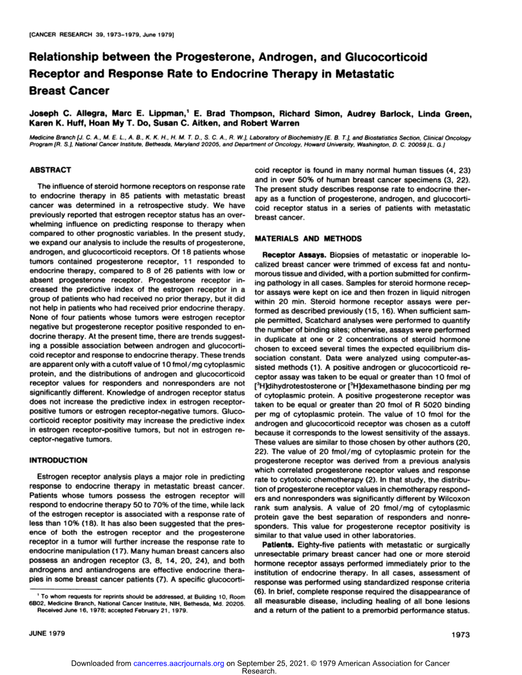 Relationship Between the Progesterone, Androgen, and Glucocorticoid Receptor and Response Rate to Endocrine Therapy in Metastatic Breast Cancer