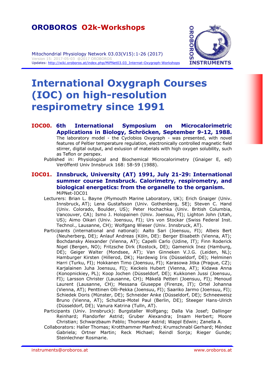 International Oxygraph Courses (IOC) on High-Resolution Respirometry Since 1991