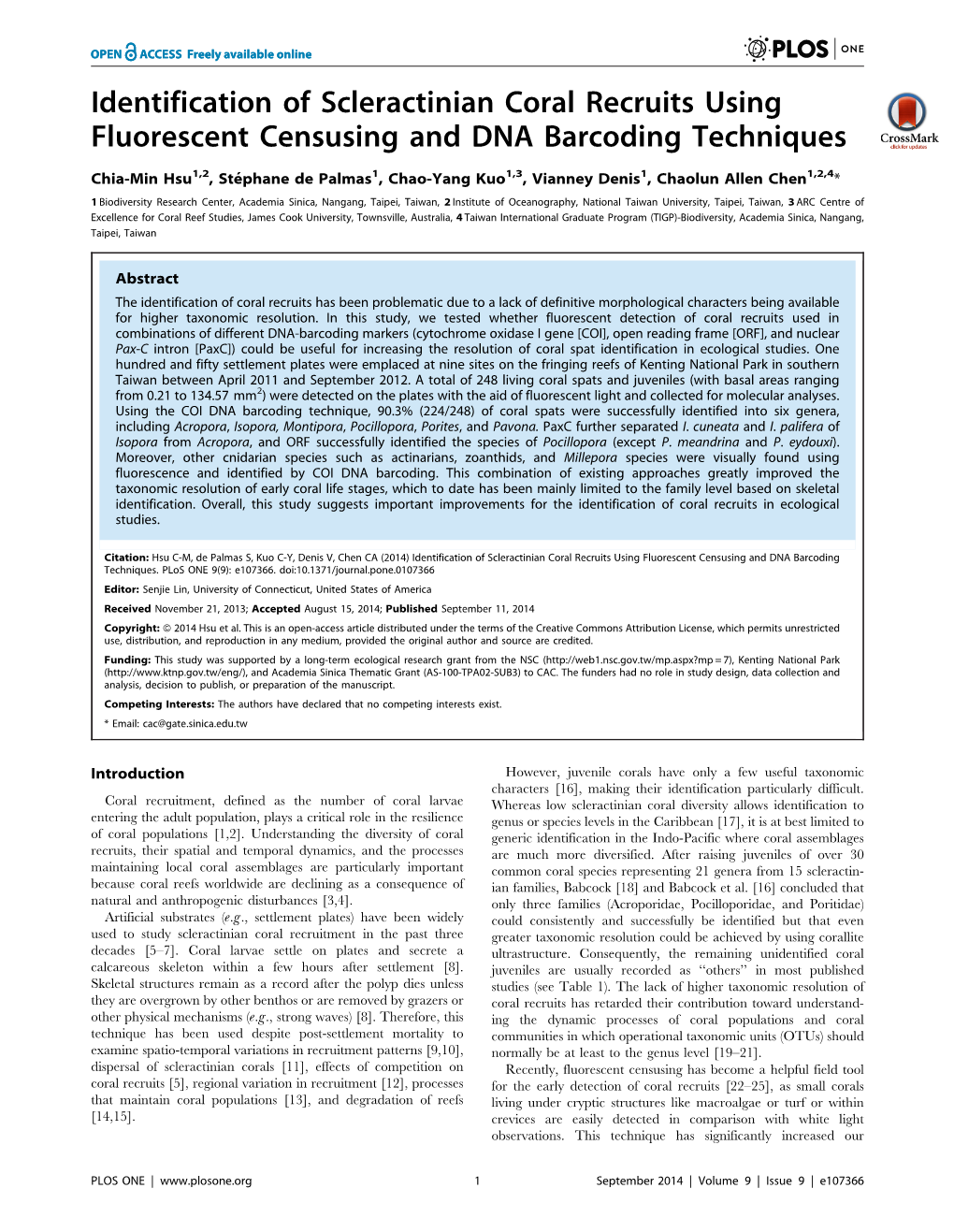 Identification of Scleractinian Coral Recruits Using Fluorescent Censusing and DNA Barcoding Techniques