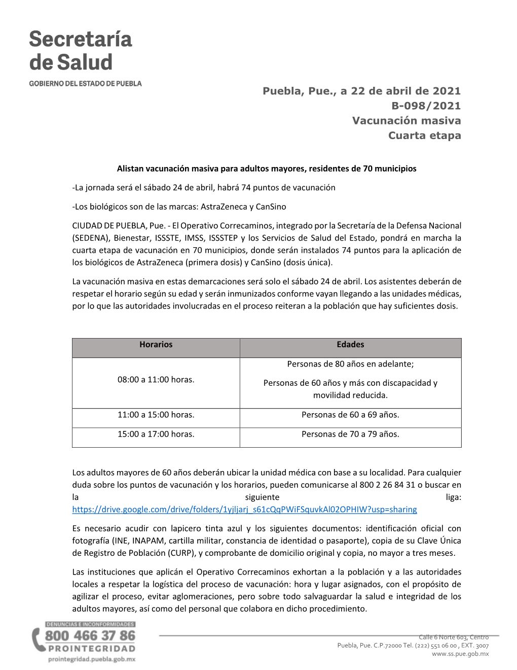 Puebla, Pue., a 22 De Abril De 2021 B-098/2021 Vacunación Masiva Cuarta Etapa