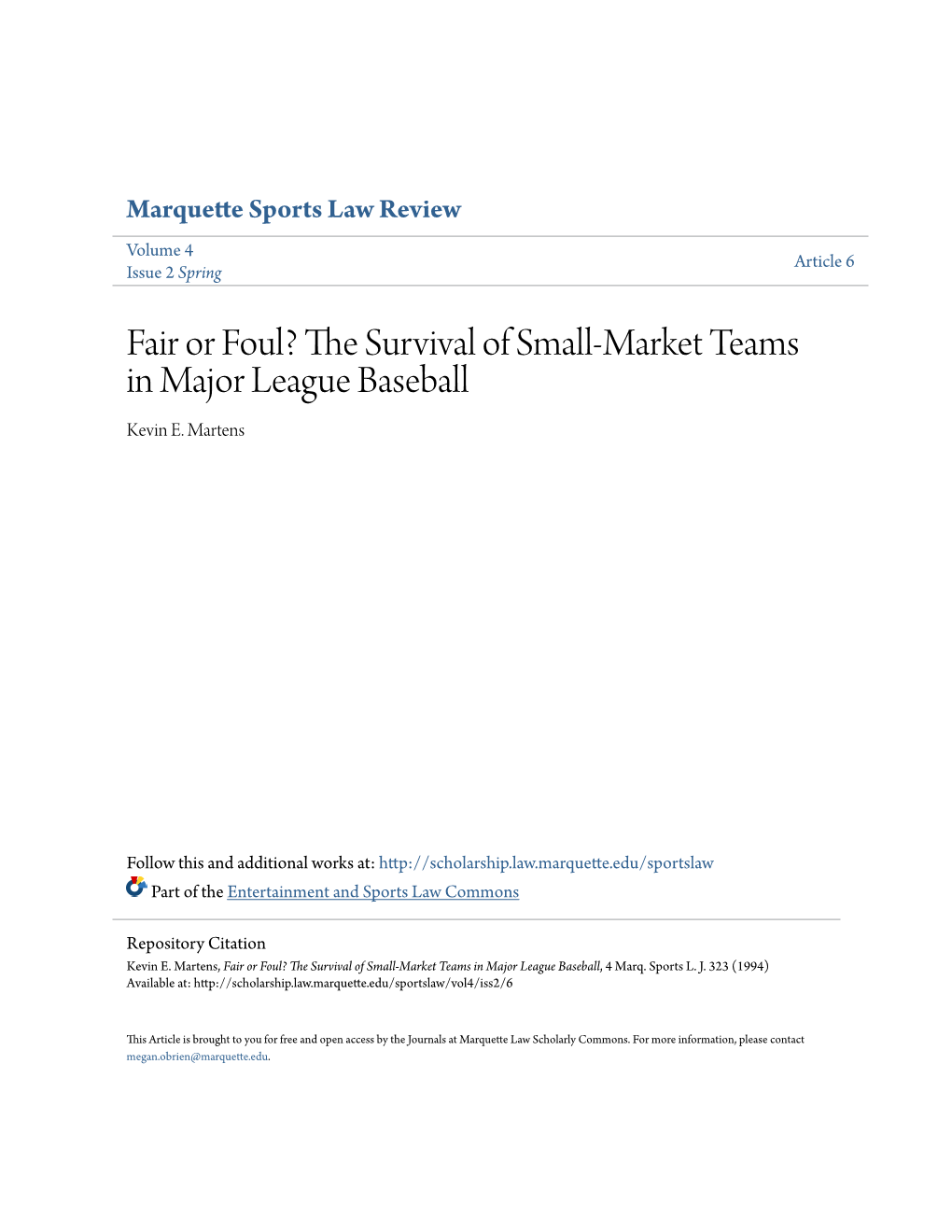 The Survival of Small-Market Teams in Major League Baseball, 4 Marq