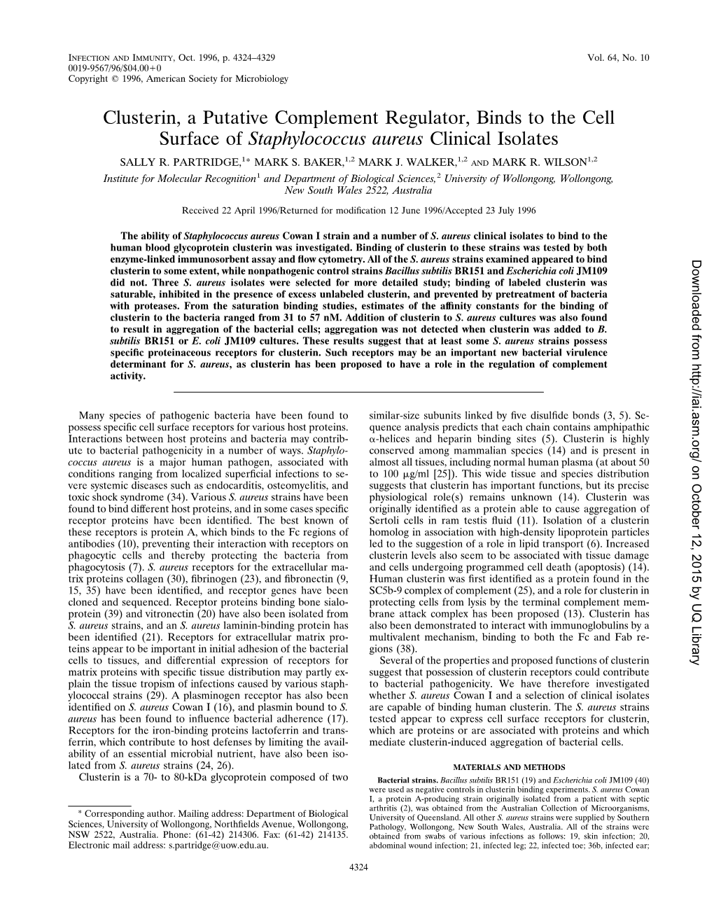 Clusterin, a Putative Complement Regulator, Binds to the Cell Surface of Staphylococcus Aureus Clinical Isolates