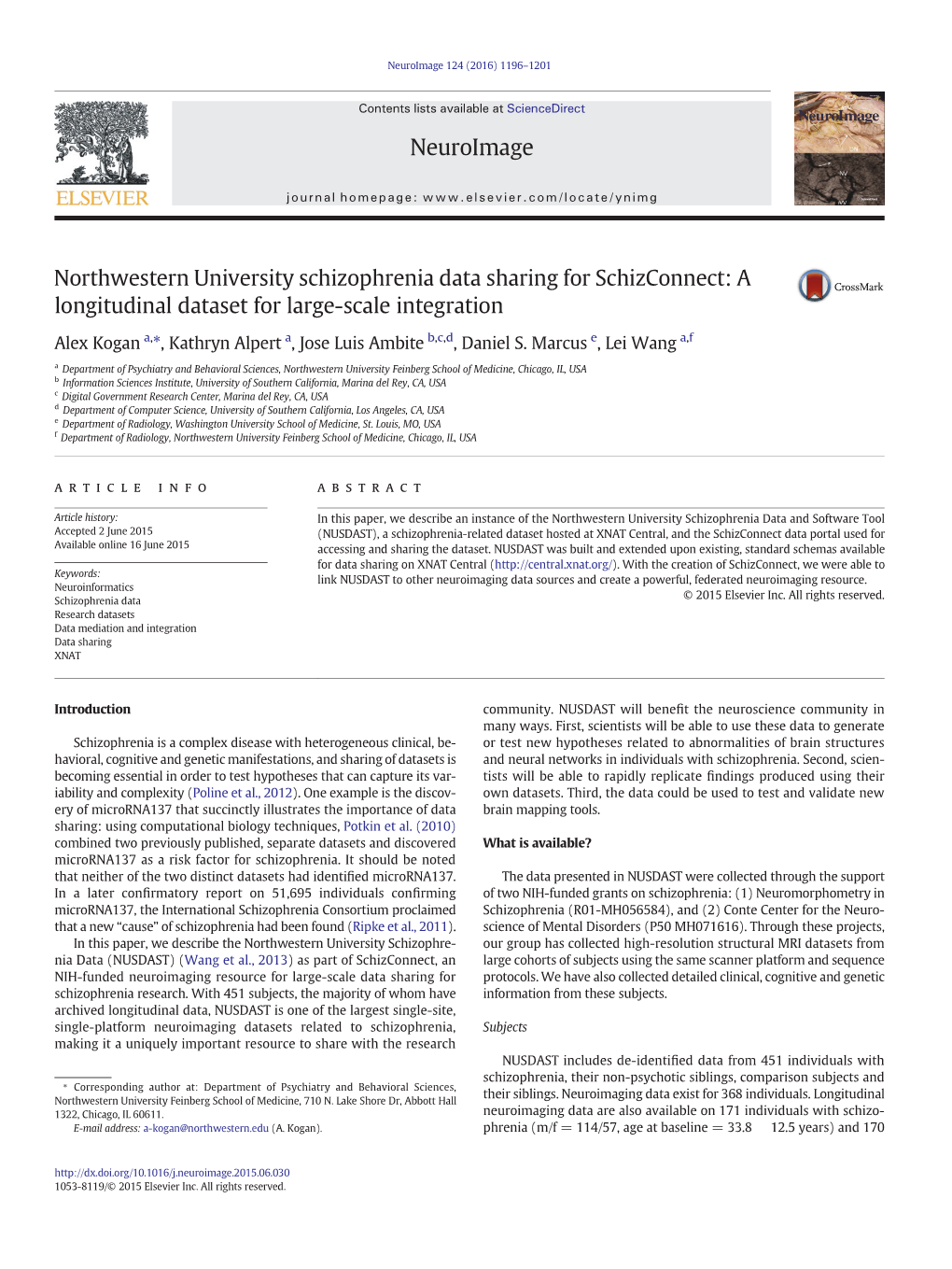 Northwestern University Schizophrenia Data Sharing for Schizconnect: a Longitudinal Dataset for Large-Scale Integration