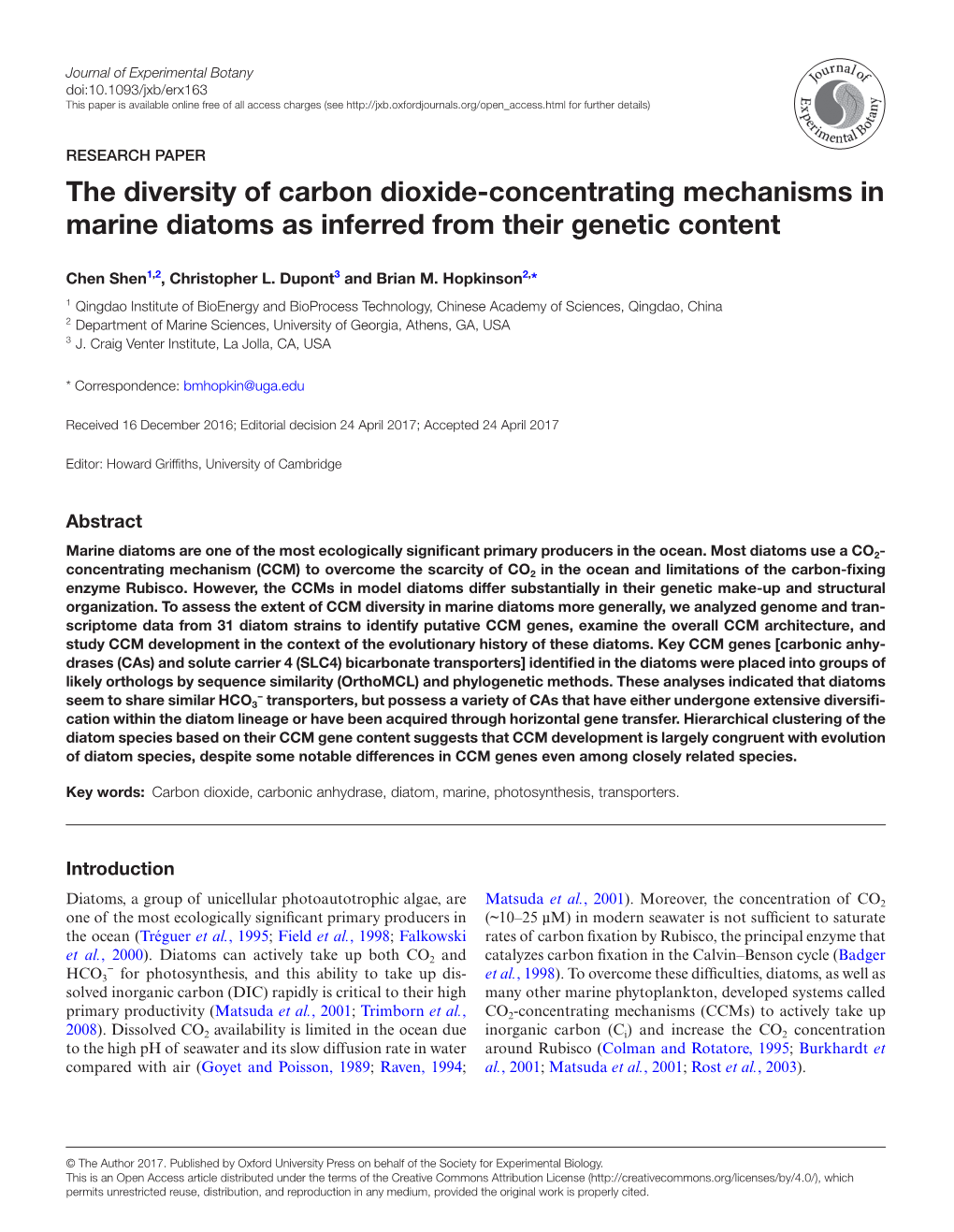 The Diversity of Carbon Dioxide-Concentrating Mechanisms in Marine Diatoms As Inferred from Their Genetic Content
