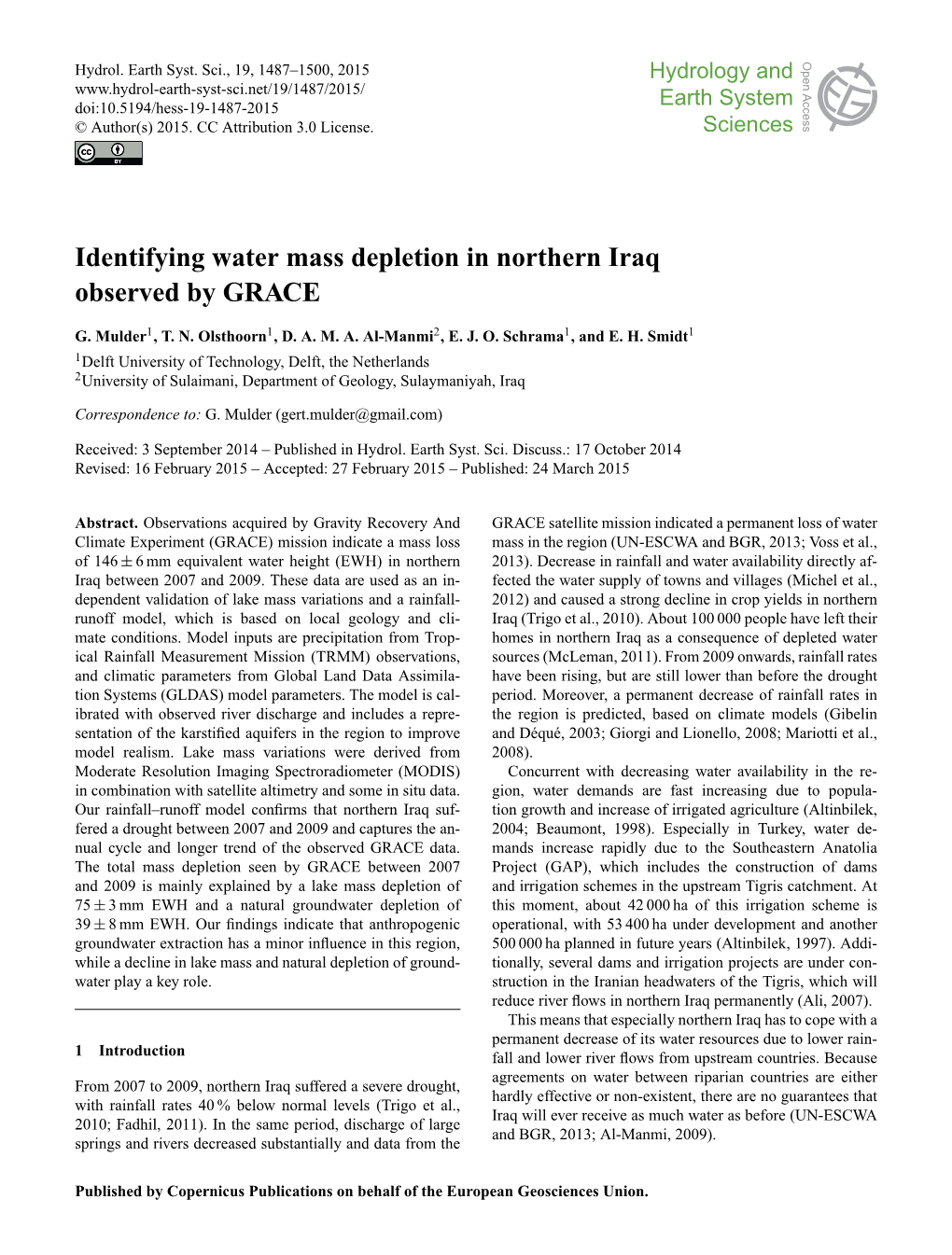Identifying Water Mass Depletion in Northern Iraq Observed by GRACE