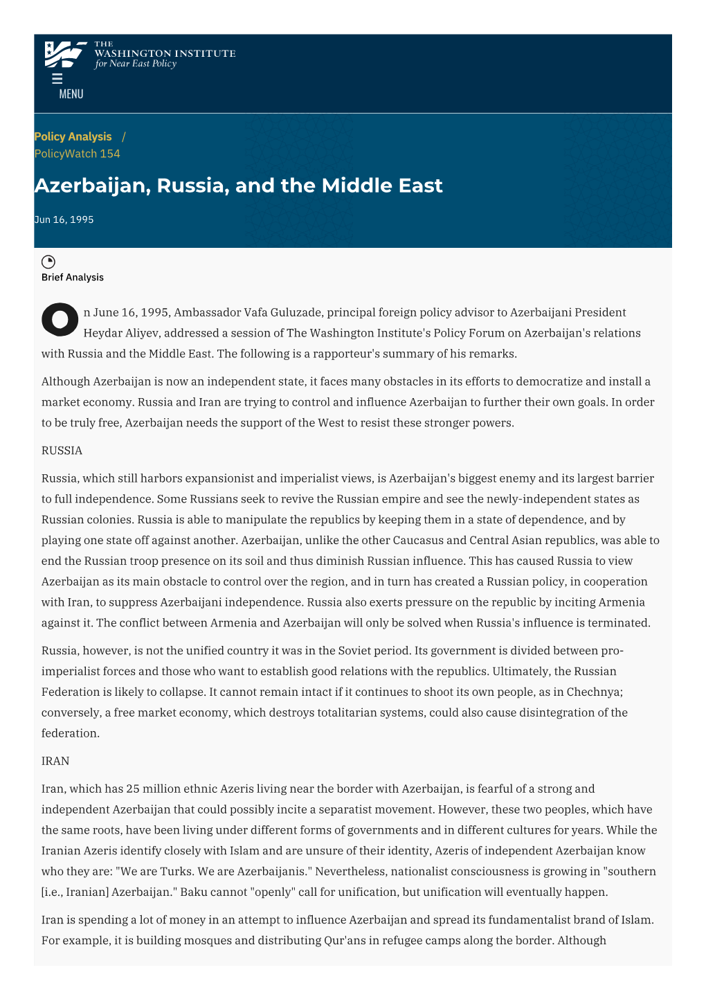 Azerbaijan, Russia, and the Middle East | the Washington Institute