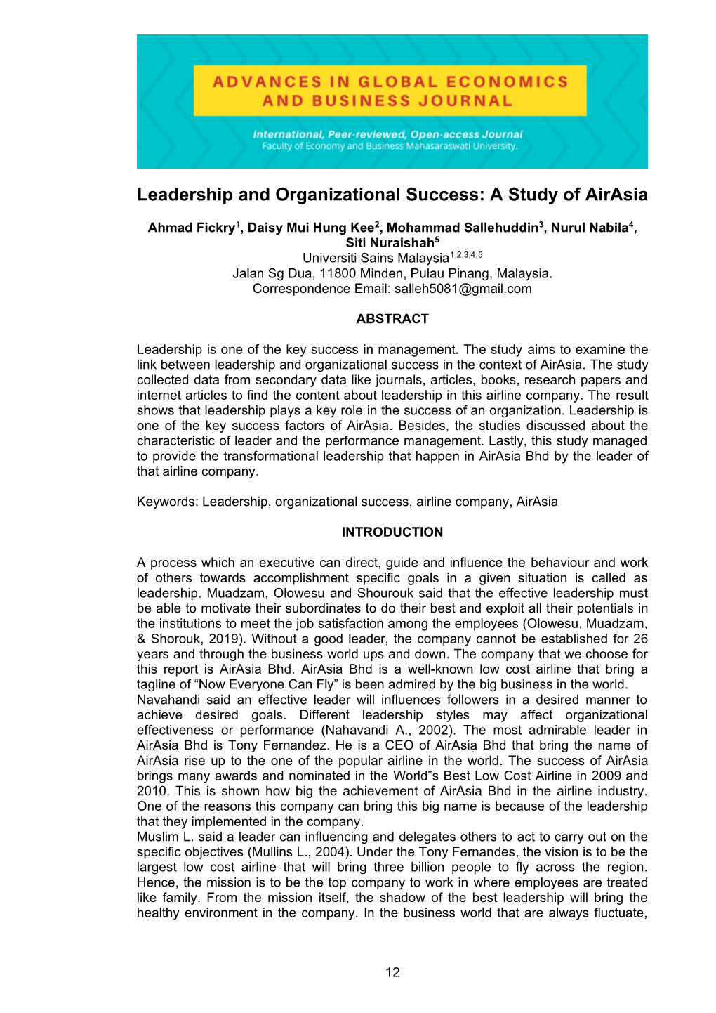 Leadership and Organizational Success: a Study of Airasia