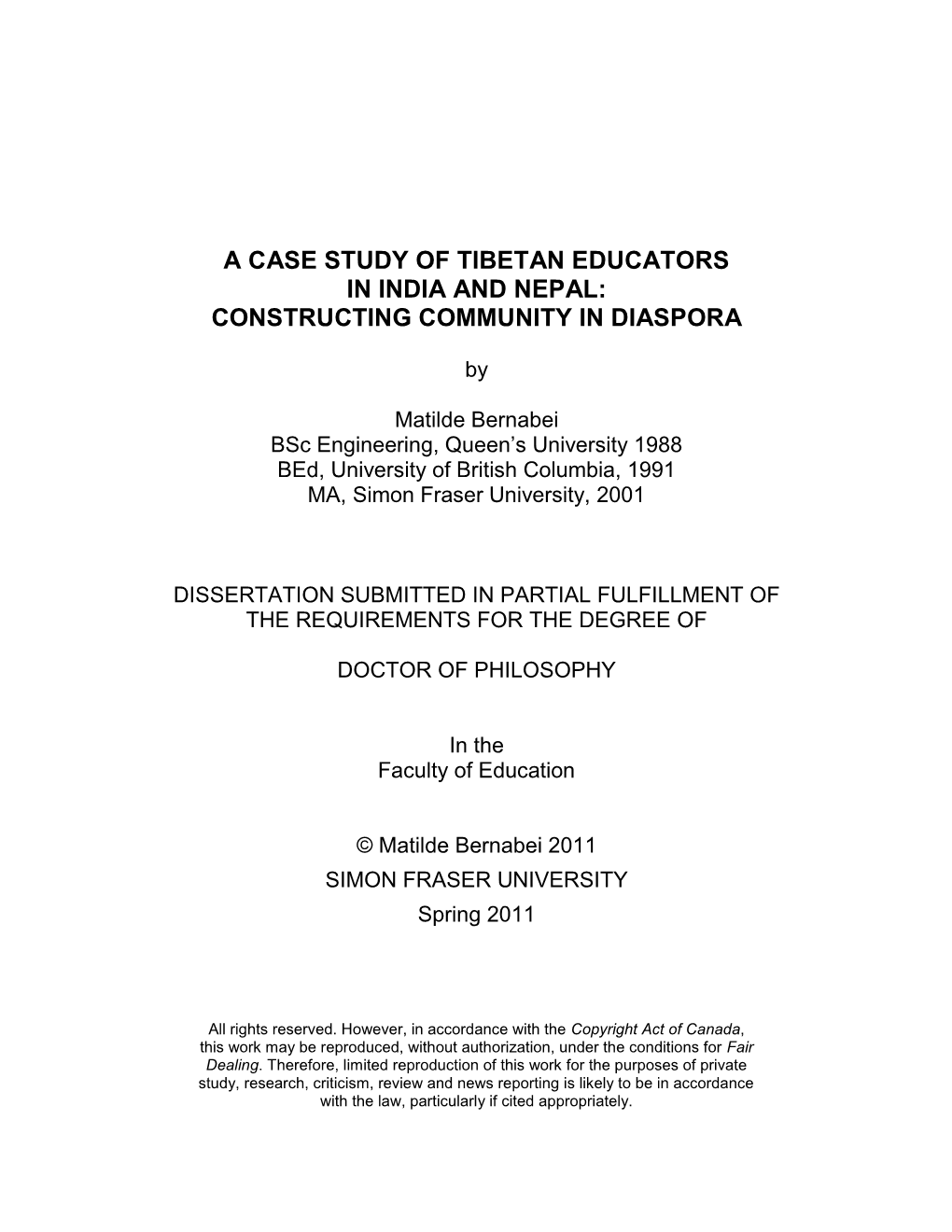 A Case Study of Tibetan Educators in India and Nepal: Constructing Community in Diaspora