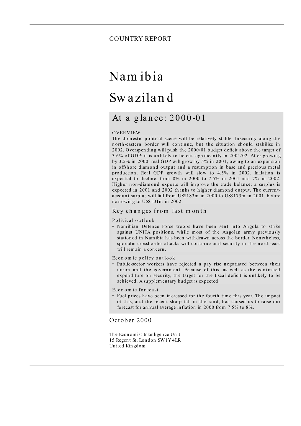 Namibia Swaziland at a Glance: 2000-01