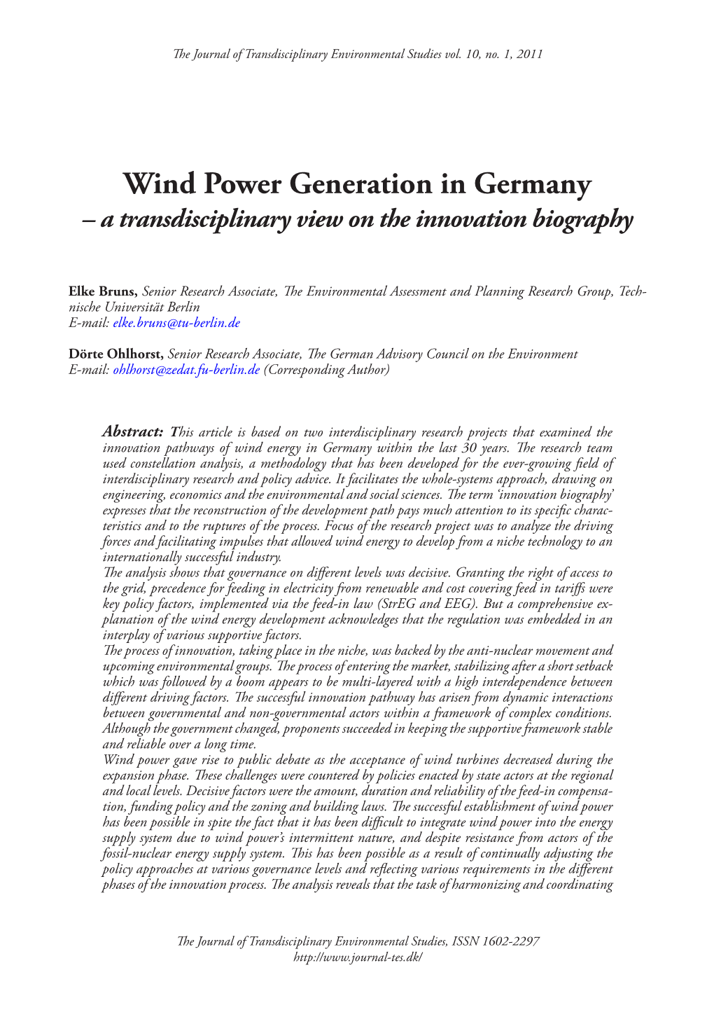 Wind Power Generation in Germany – a Transdisciplinary View on the Innovation Biography