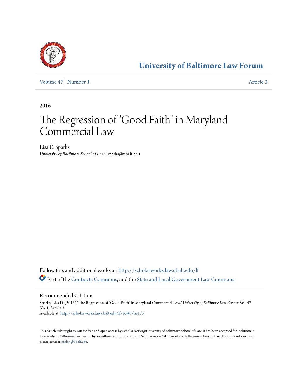 "Good Faith" in Maryland Commercial Law Lisa D