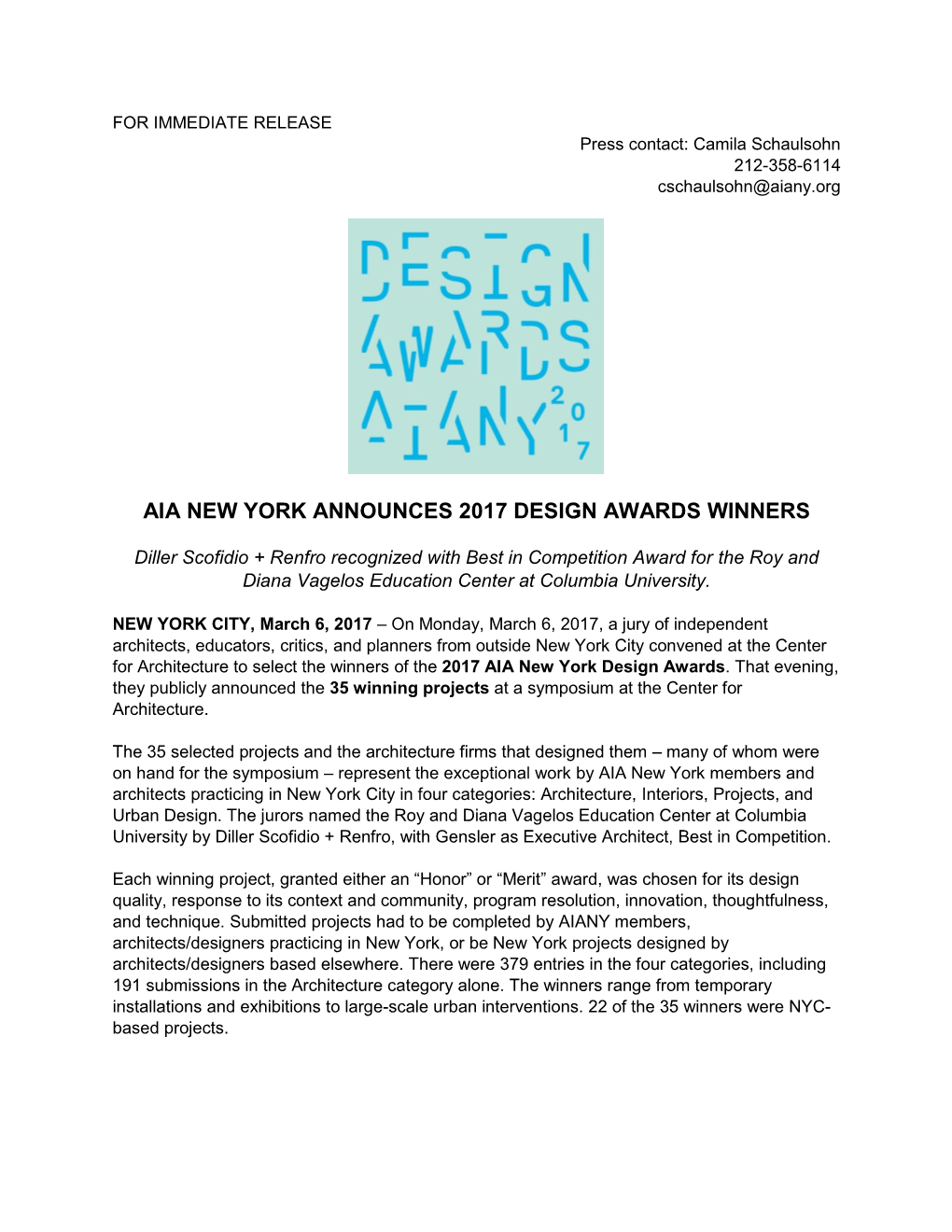 Aia New York Announces 2017 Design Awards Winners