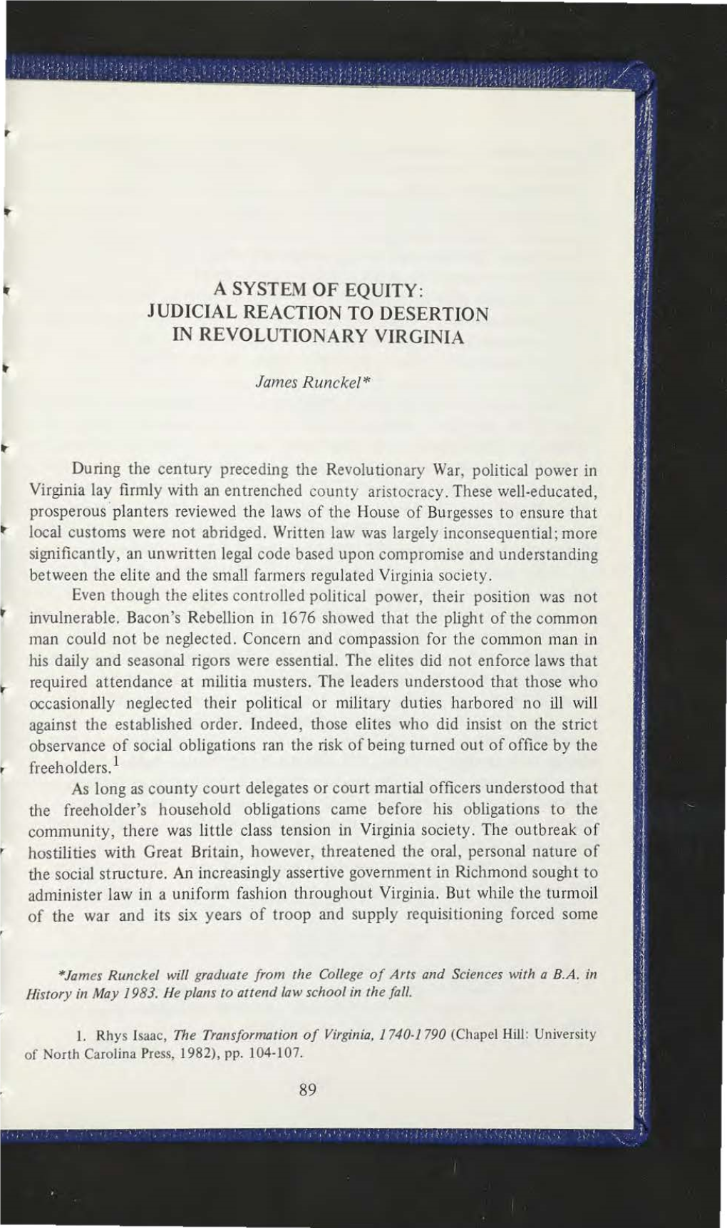 A System of Equity: Judicial Reaction to Desertion in Revolutionary Virginia