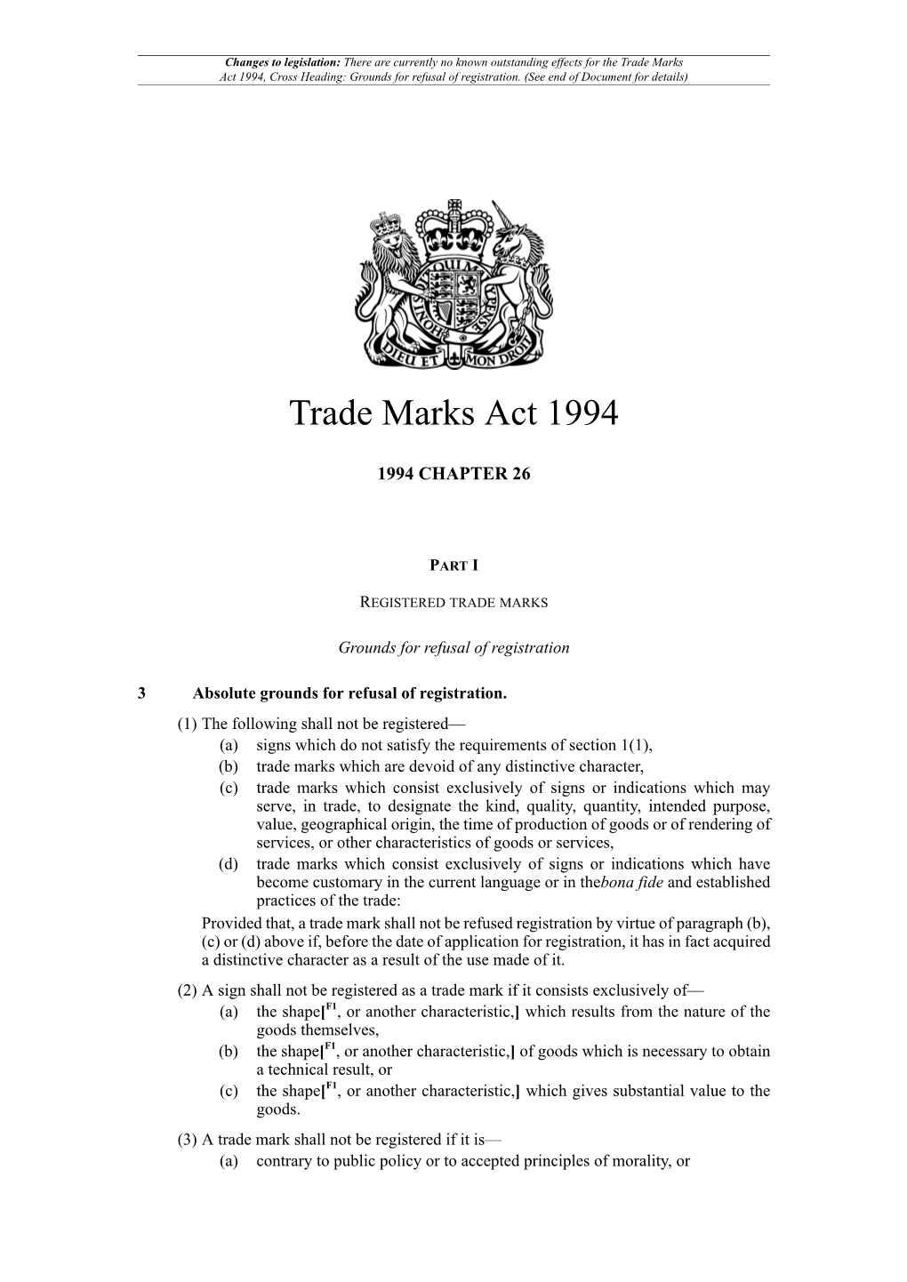 Trade Marks Act 1994, Cross Heading: Grounds for Refusal of Registration