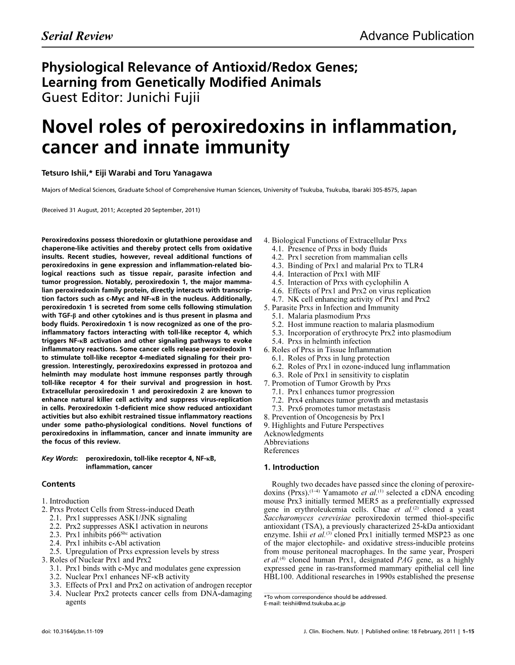 Novel Roles of Peroxiredoxins in Inflammation, Cancer and Innate Immunity