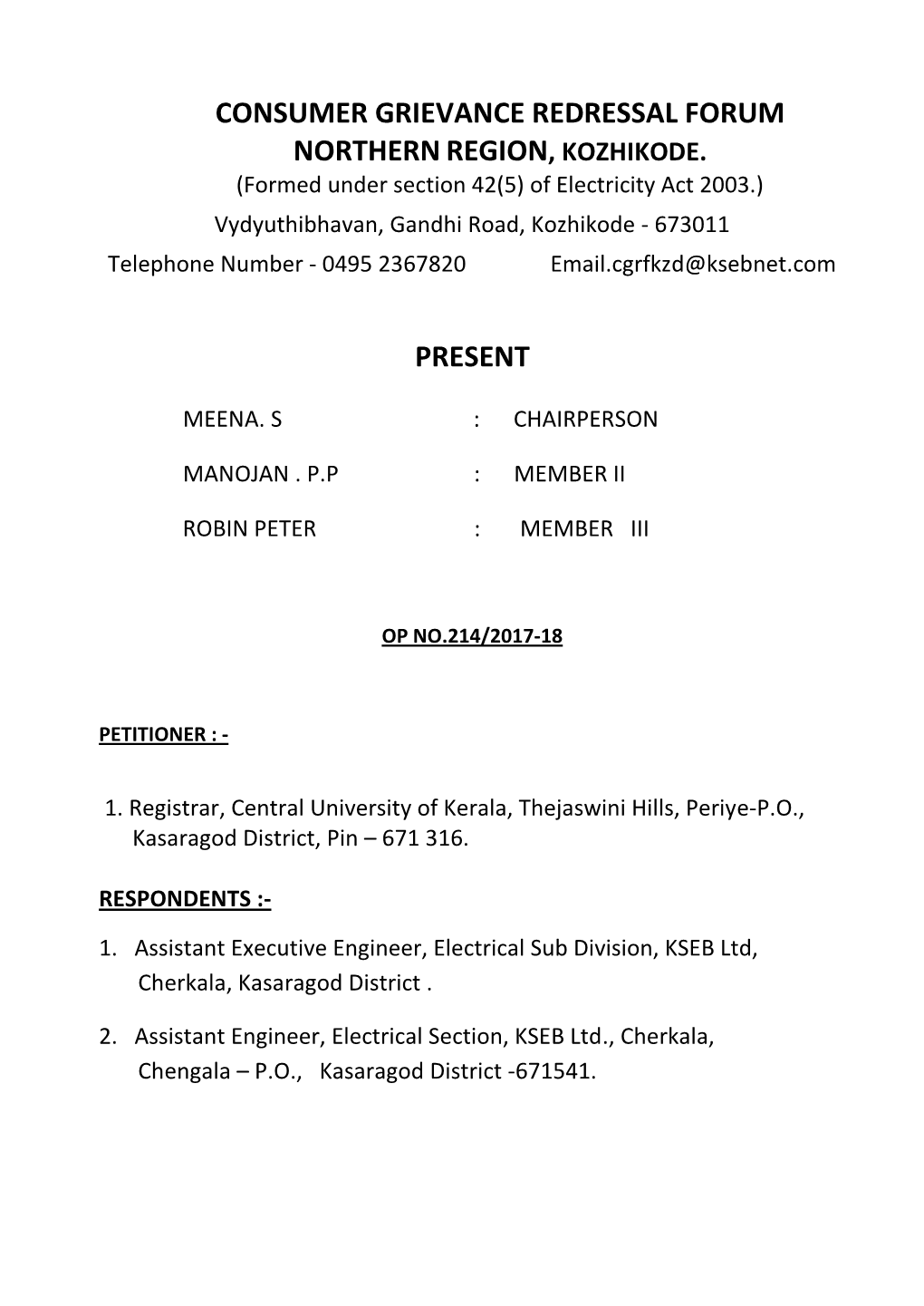 Consumer Grievance Redressal Forum Northern Region, Kozhikode