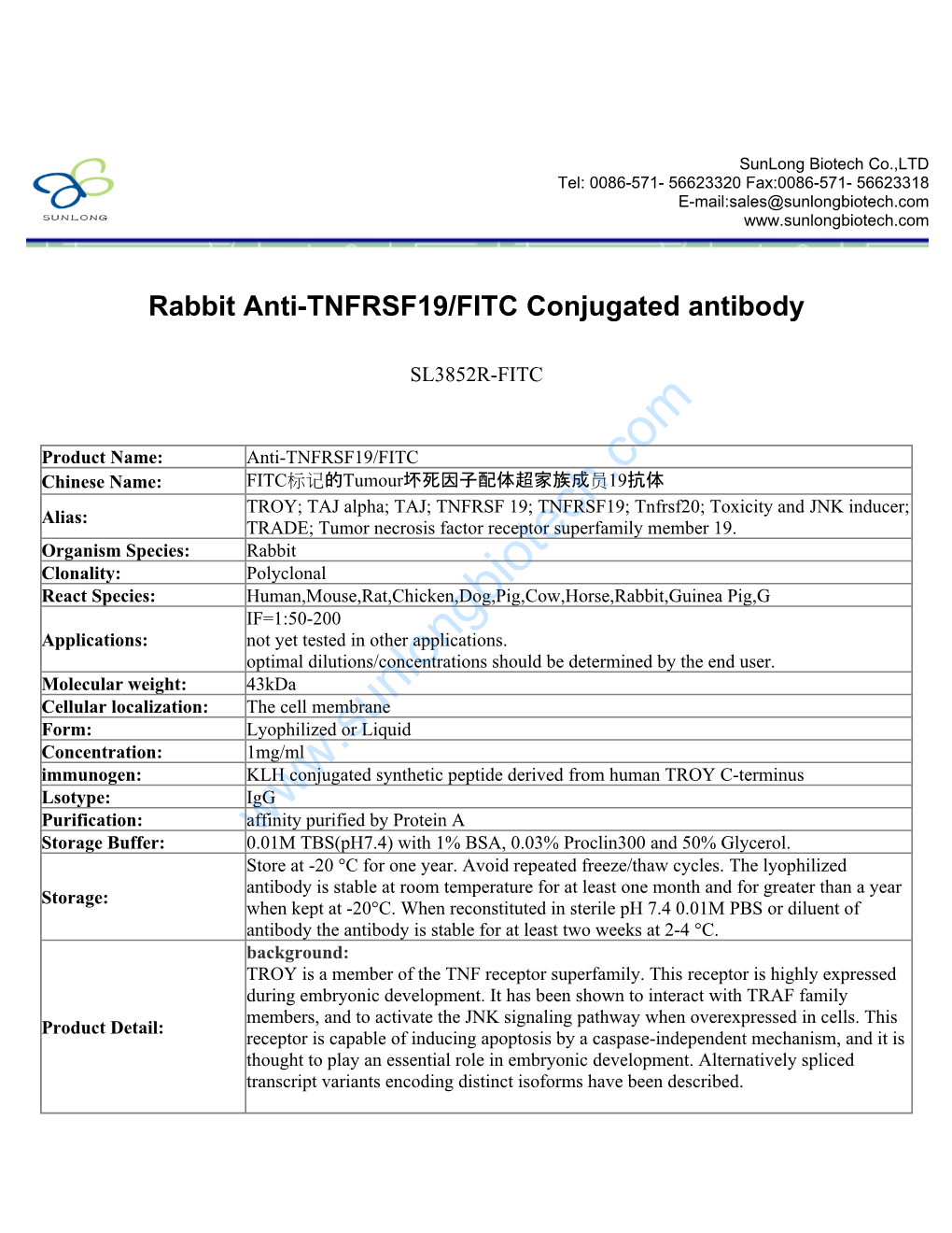 Rabbit Anti-TNFRSF19/FITC Conjugated Antibody-SL3852R-FITC