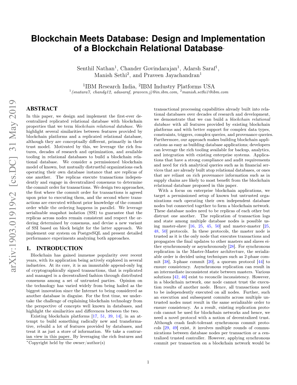 Design and Implementation of a Blockchain Relational Database∗