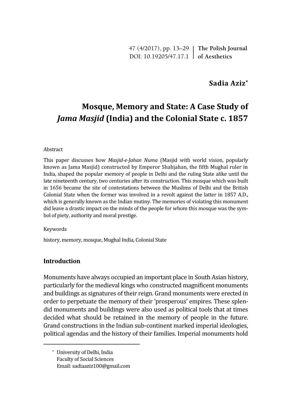 A Case Study of Jama Masjid (India) and the Colonial State C