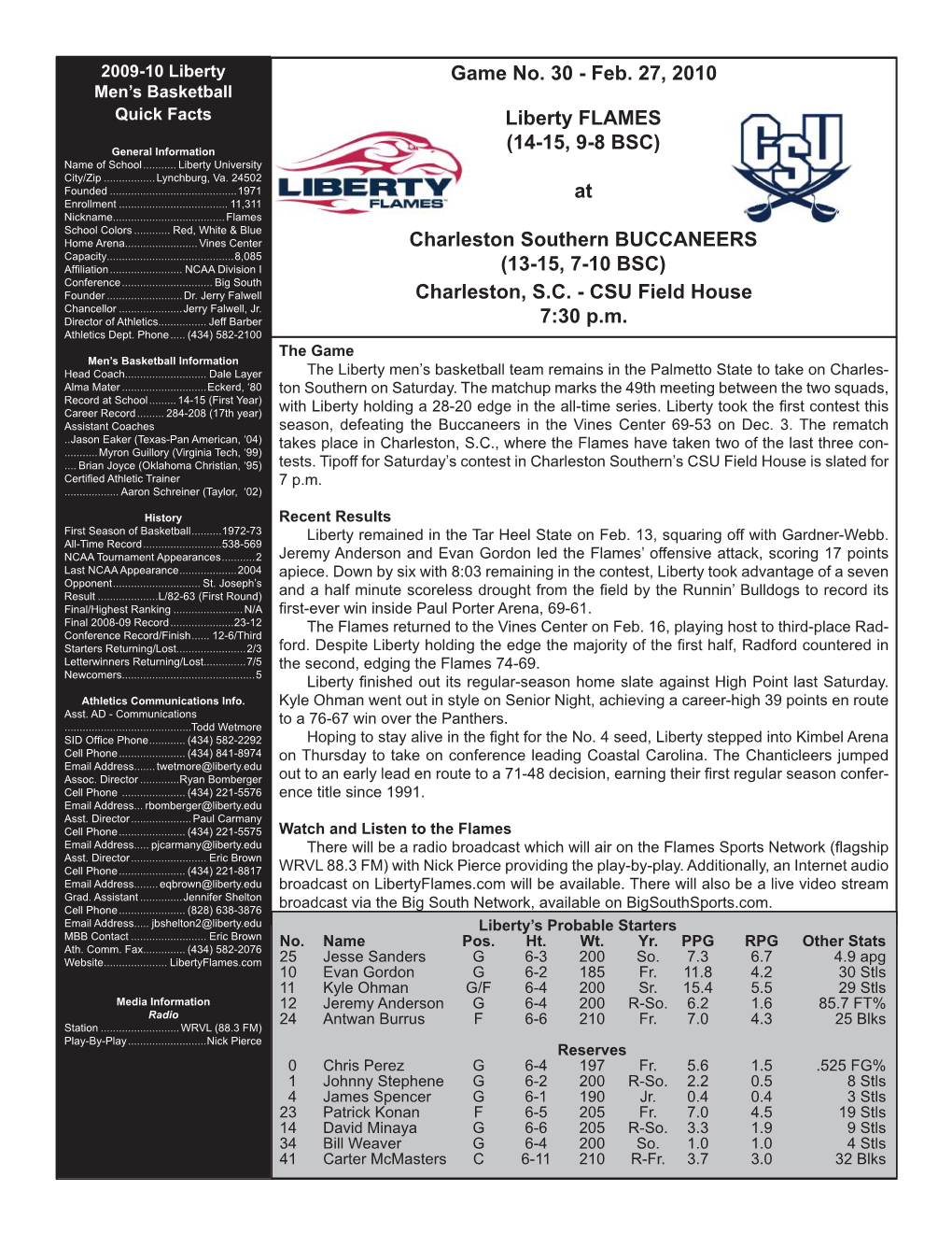 Game 30 Charleston Southern Game Notes.Indd