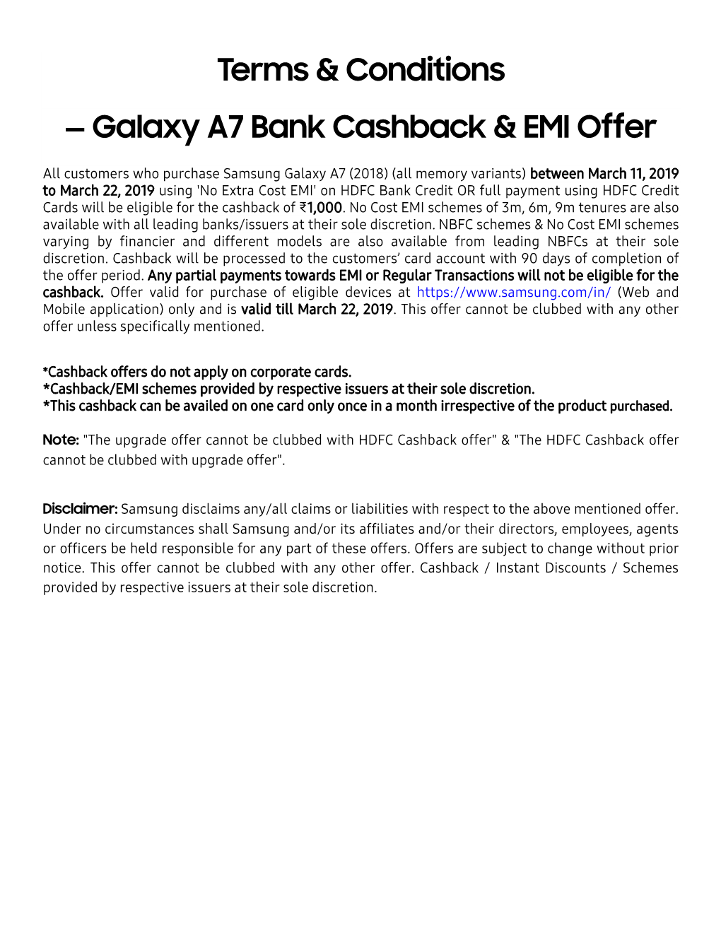 Galaxy A7 Bank Cashback & EMI Offer