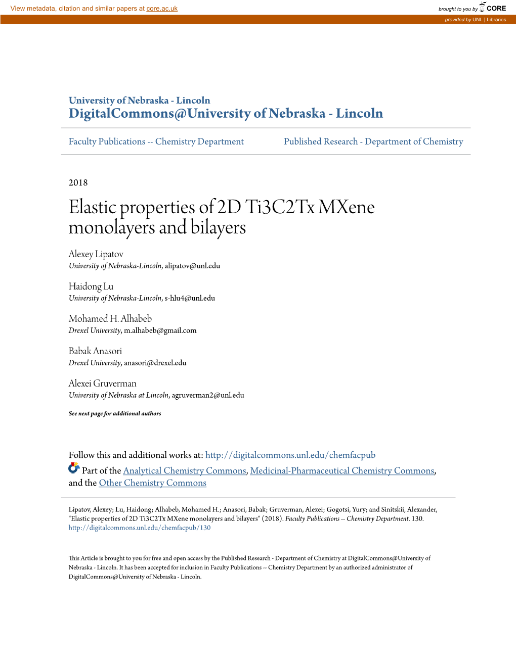 Elastic Properties of 2D Ti3c2tx Mxene Monolayers and Bilayers Alexey Lipatov University of Nebraska-Lincoln, Alipatov@Unl.Edu