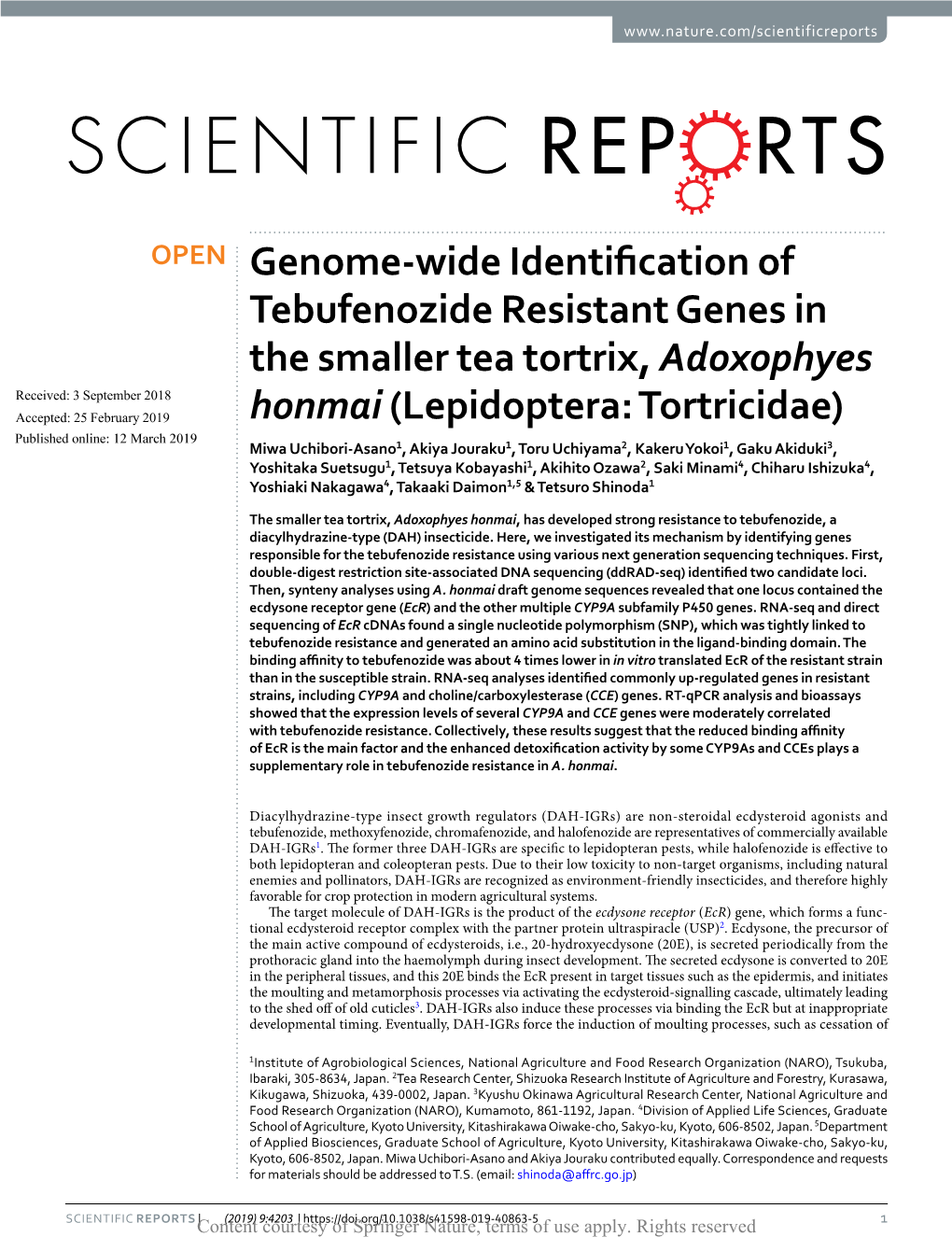 Genome-Wide Identification of Tebufenozide Resistant Genes in the Smaller Tea Tortrix, Adoxophyes Honmai(Lepidoptera: Tortricida