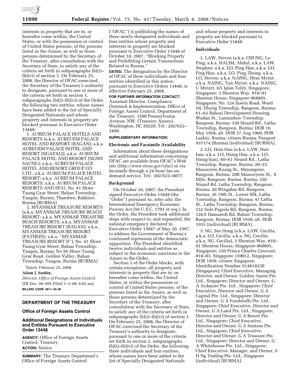 Federal Register/Vol. 73, No. 43/Tuesday, March 4, 2008/Notices