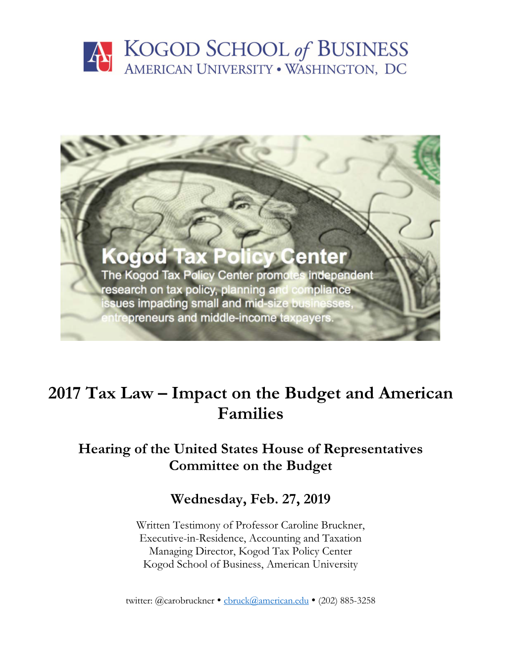 Kogod Tax Policy Center Prof. Caroline Bruckner, Written Testimony, Feb