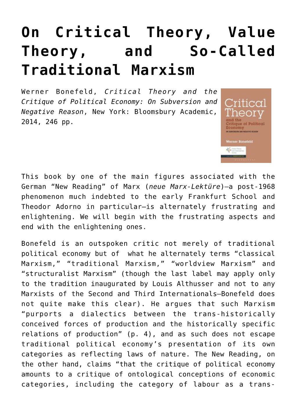 On Critical Theory, Value Theory, and So-Called Traditional Marxism