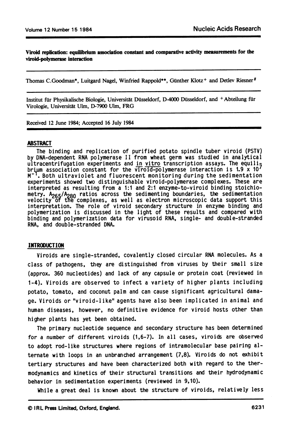 Viroid Replication: Equilibrium Association Constant And