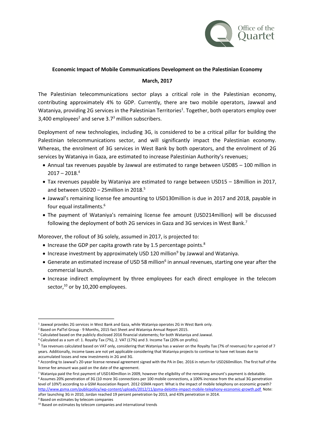 Economic Impact of Mobile Communications Development on the Palestinian Economy March, 2017