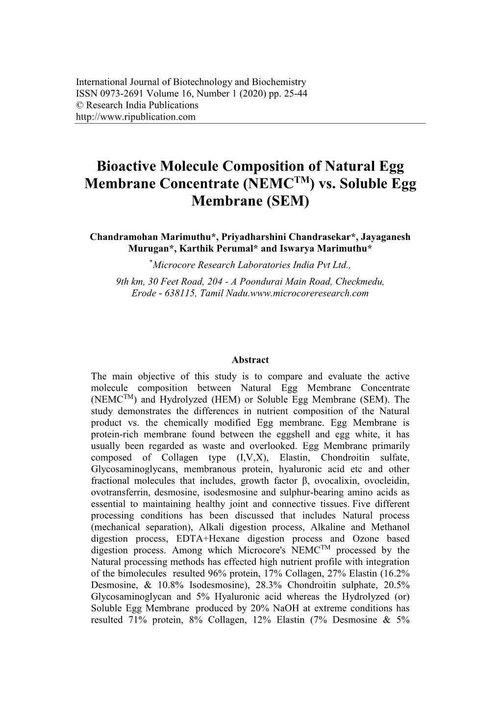 Bioactive Molecule Composition of Natural Egg Membrane Concentrate (NEMCTM) Vs
