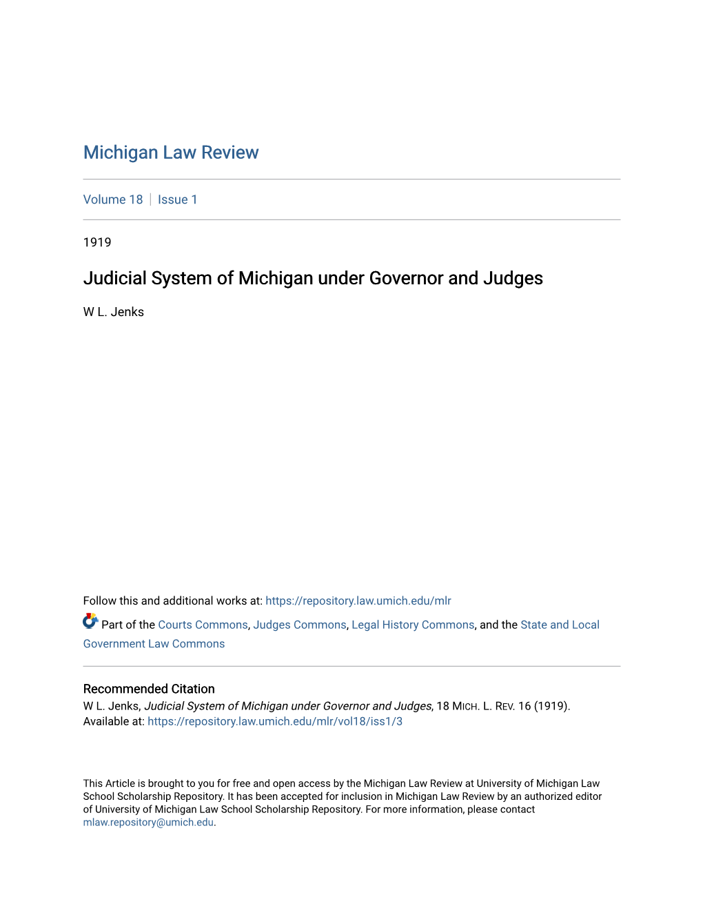 Judicial System of Michigan Under Governor and Judges